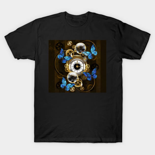 Steampunk Gears and Blue Butterflies T-Shirt by Blackmoon9